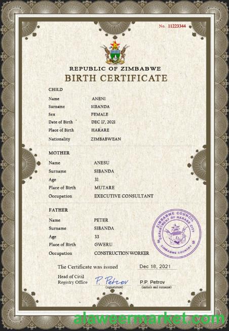 Zimbabwe vital record birth certificate PSD template